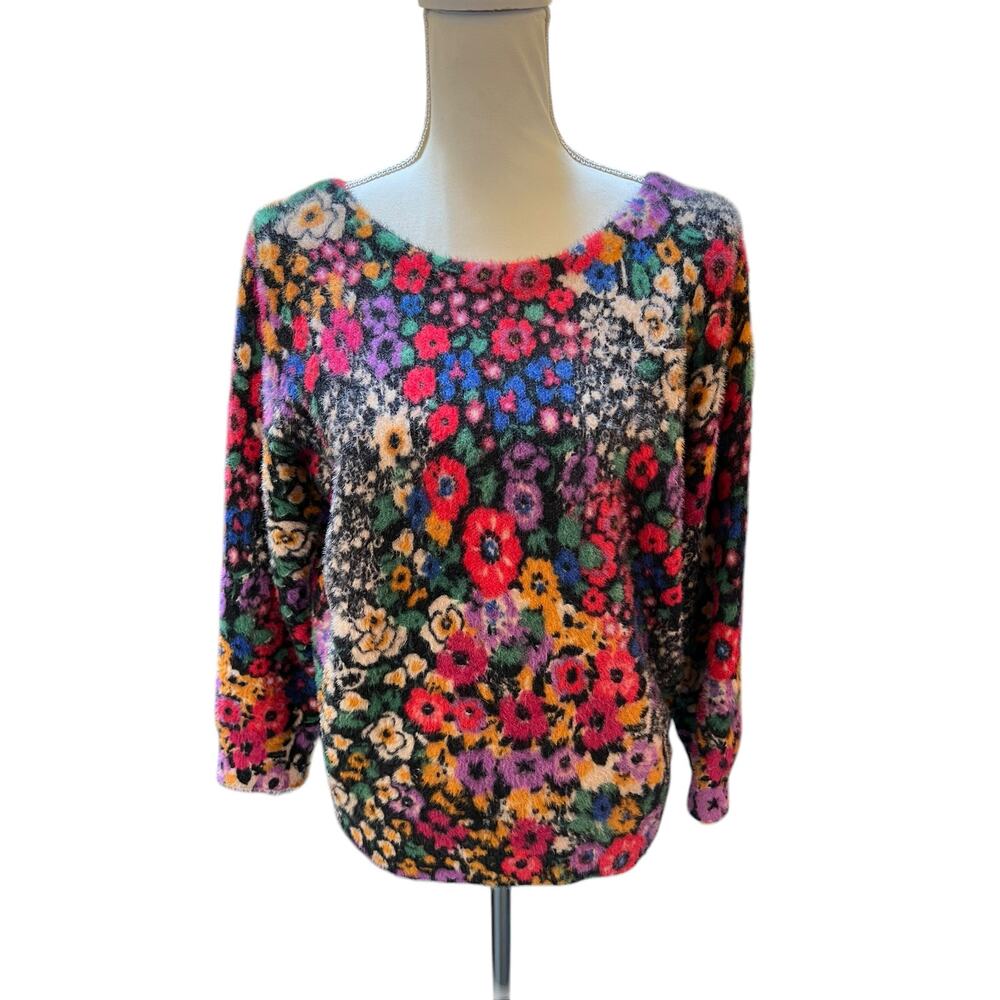Anthropologie Womens Small Floral Sweater Multicolor Fuzzy Knit Boho